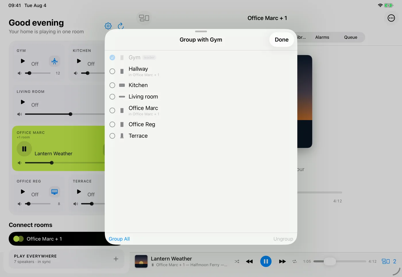 KlingKlang on an iPad with the room grouping panel open, listing every room in the home