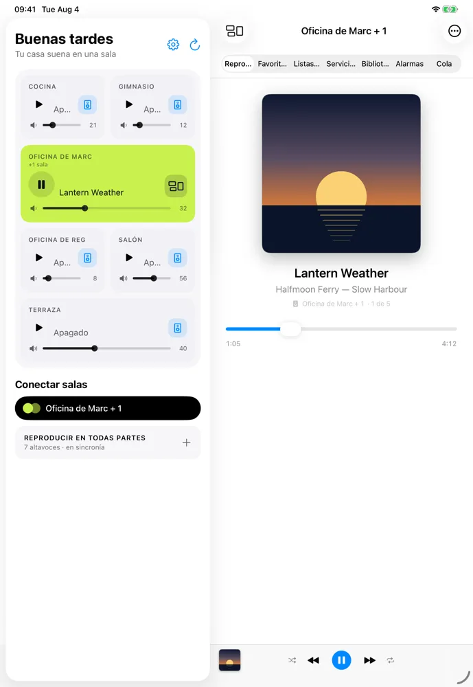 KlingKlang en un iPad, con todas las habitaciones de la casa a la izquierda y la pista que suena en ese momento a la derecha