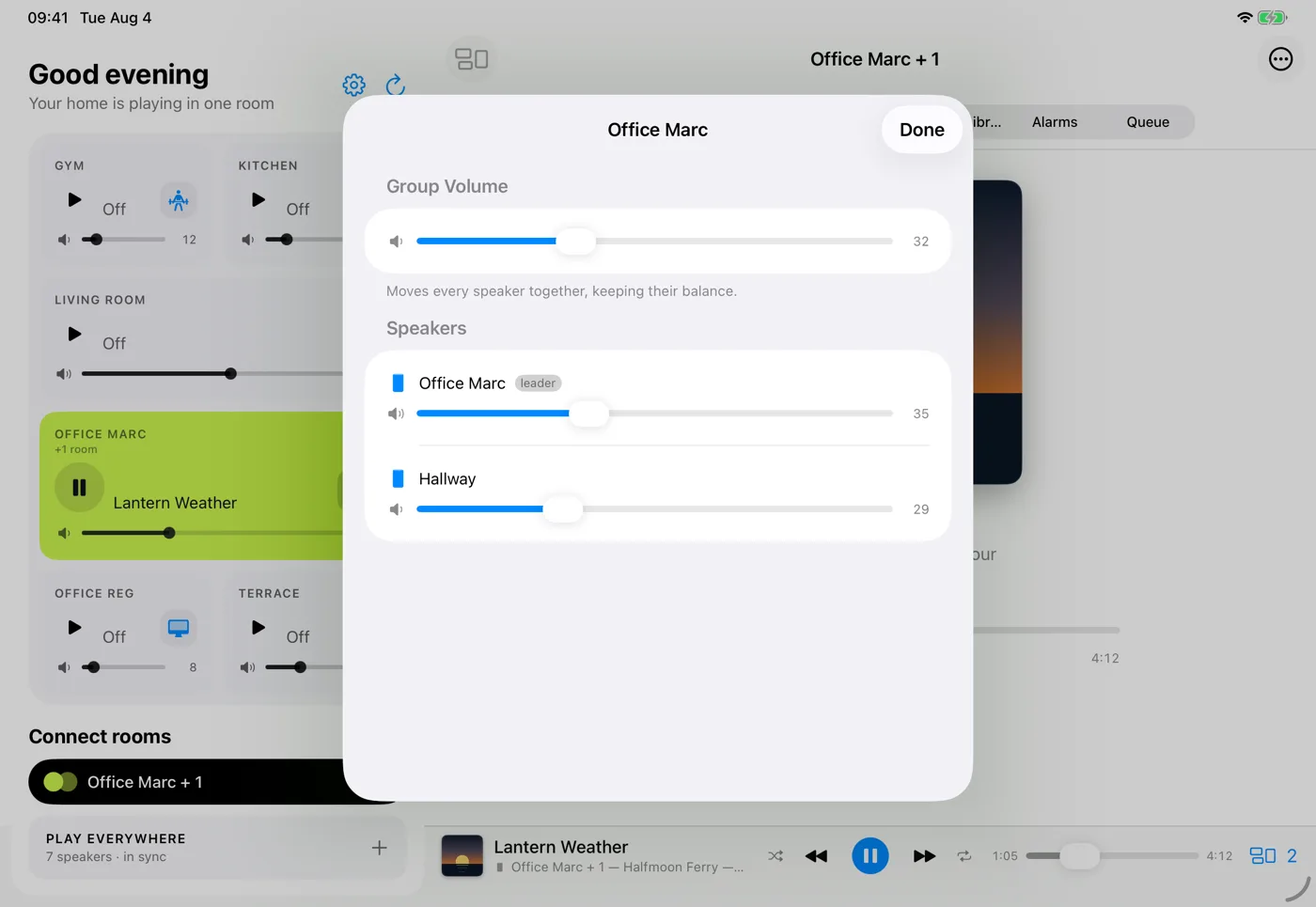 A panel showing the group volume at the top and separate sliders for the two speakers inside the group