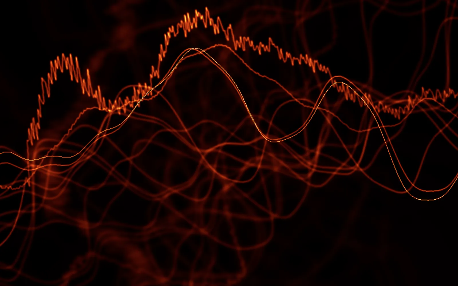 Orange, gold, blue and violet Sonoluma waves glowing on a dark background