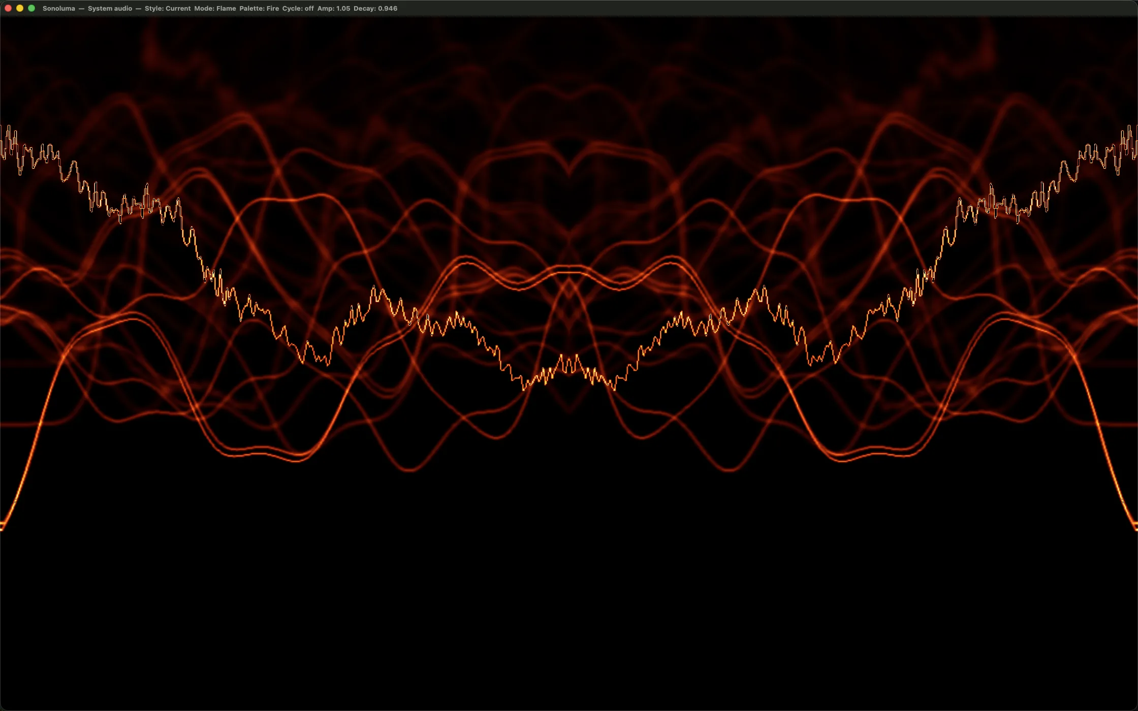 The Sonoluma window on a Mac: the title bar names the source, style and palette, and an orange flame waveform burns on black below it